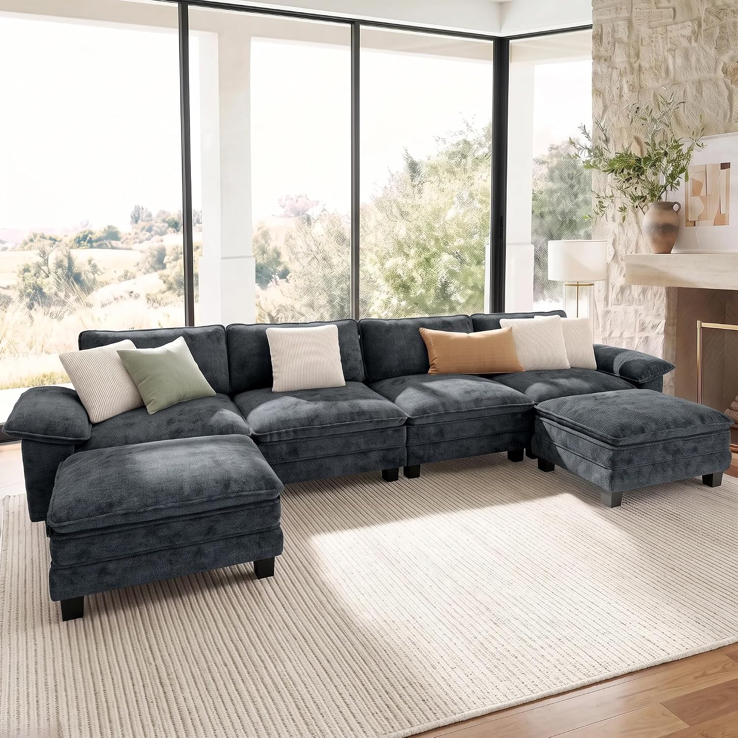 SUNSHINE VALLEY 157.5" U Shaped Modular Cloud Couch Sectional Sofa Ottoman | Chenille Blue, Modern Oversized 6-Seater, Living Room Furniture , Wider Armrest, Comfy Deep Seat, Sturdy Wood Frame