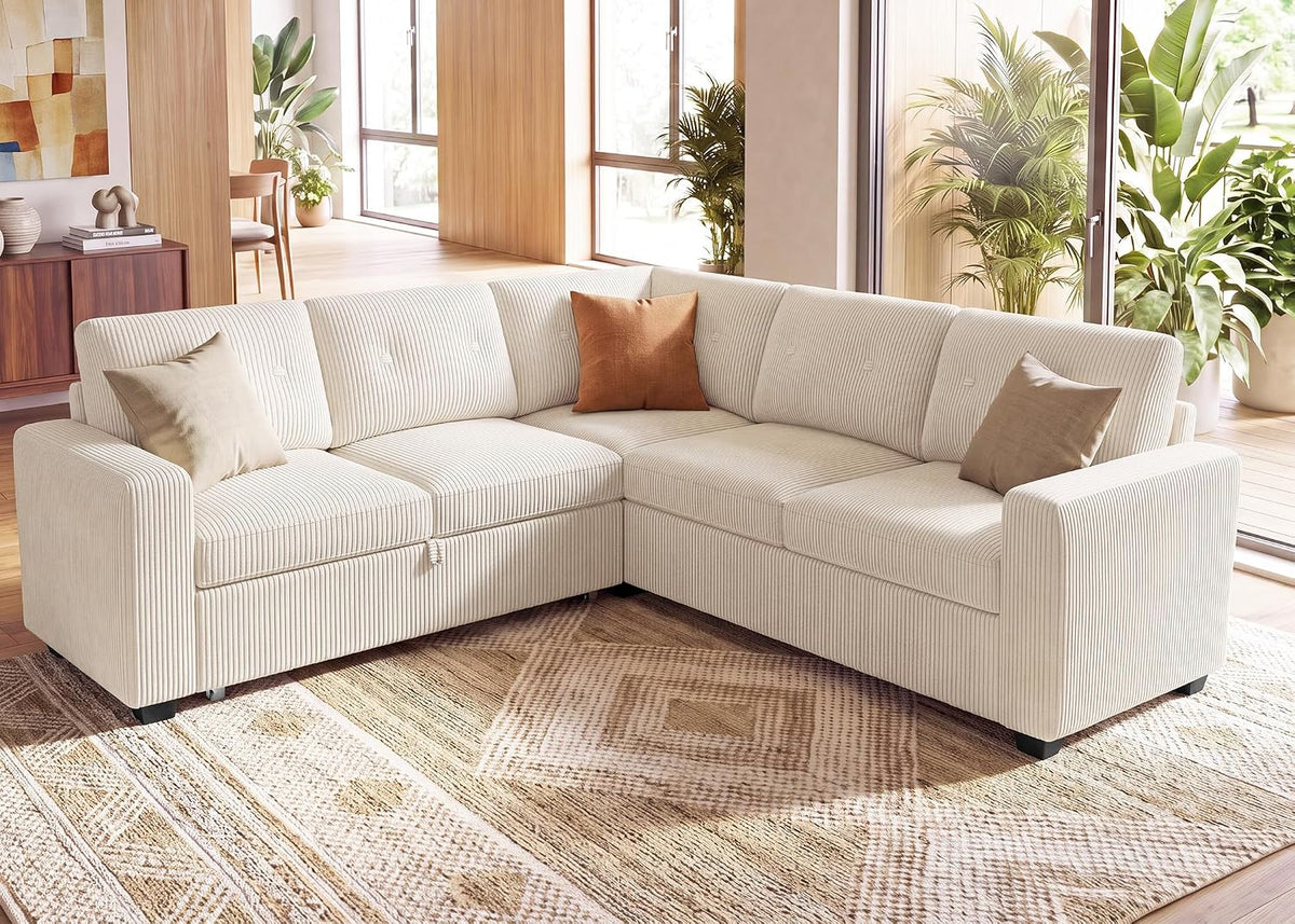 HONBAY Corduroy Sectional Sleeper Sofa with Pull Out Bed, 5 Seaters 83.4 Inch Setional Couch for Living Room Apartment, Beige