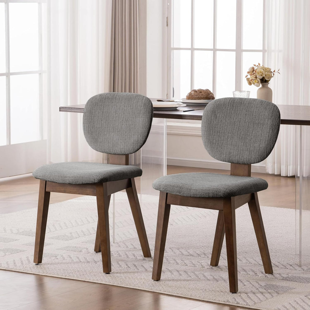 VKNOW Wooden Dining Chairs Set of 2, Mid Century Modern Upholstered Kitchen Side Chairs, Chenille Dining Room Chair with Curved Seat Backrest for Home Dining Room, Grey