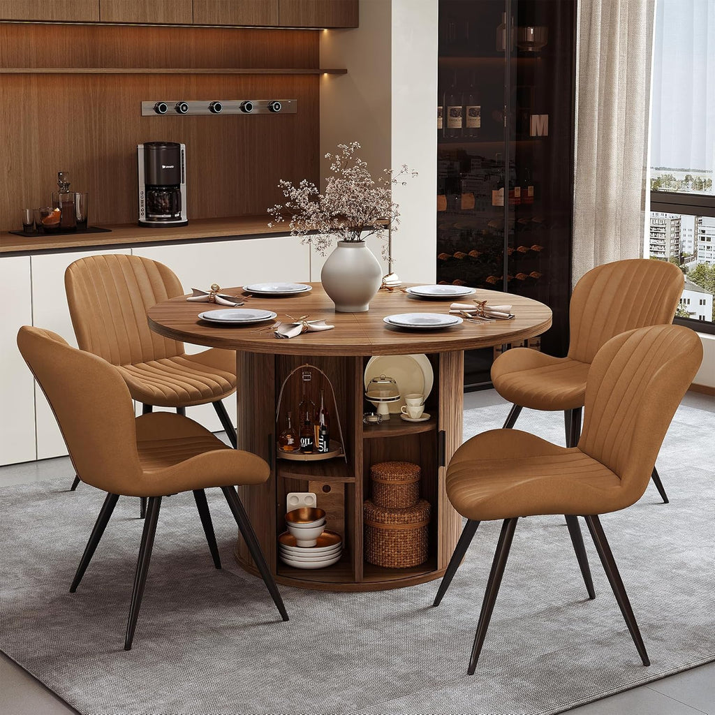 Miereirl Modern 5-Piece Dining Set for 4，47.24" Round Wooden Table with Semi-Open Storage Rack & Siding Door, Paired wth High-End Fabric Chairs -Warm Home Dining Room Combination