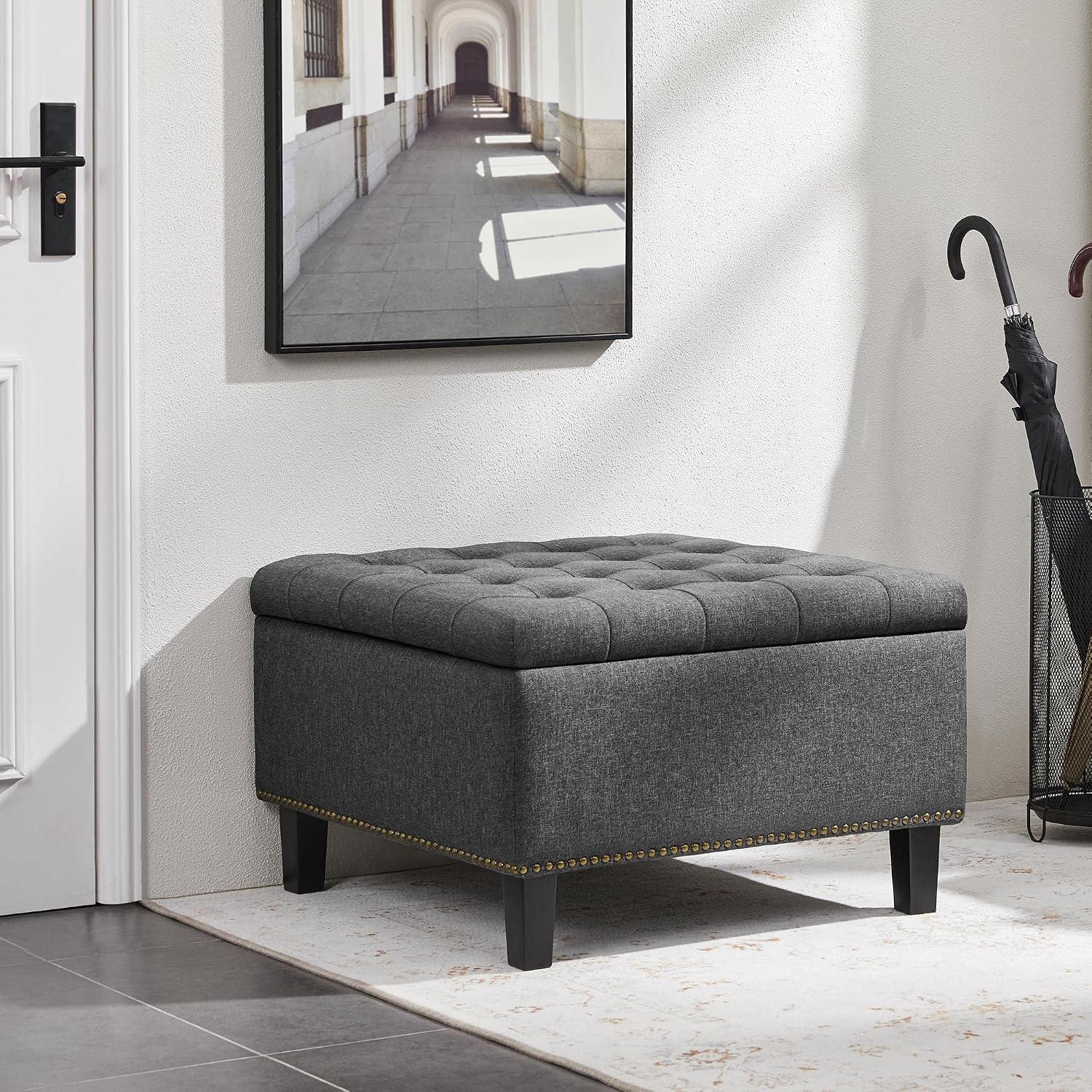 Yaheetech 28in Square Storage Ottoman Coffee Table with Nailhead, Dark Gray | Button-Tufted Linen-Look Fabric Bench, 3.2C Storage Space, Wood Legs, Metal Hinges, for Bedroom Foot of Bed Living Room
