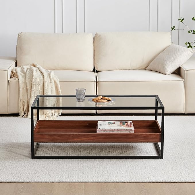 Shrine Glass Coffee Table, Black Walnut Coffee Table for Living Room, Glass and Wood Coffee Table, 39.2" D x 19.5" W x 15.7" H, Clear Glass Top, Walnut Wood Panels&Black Metal Frame
