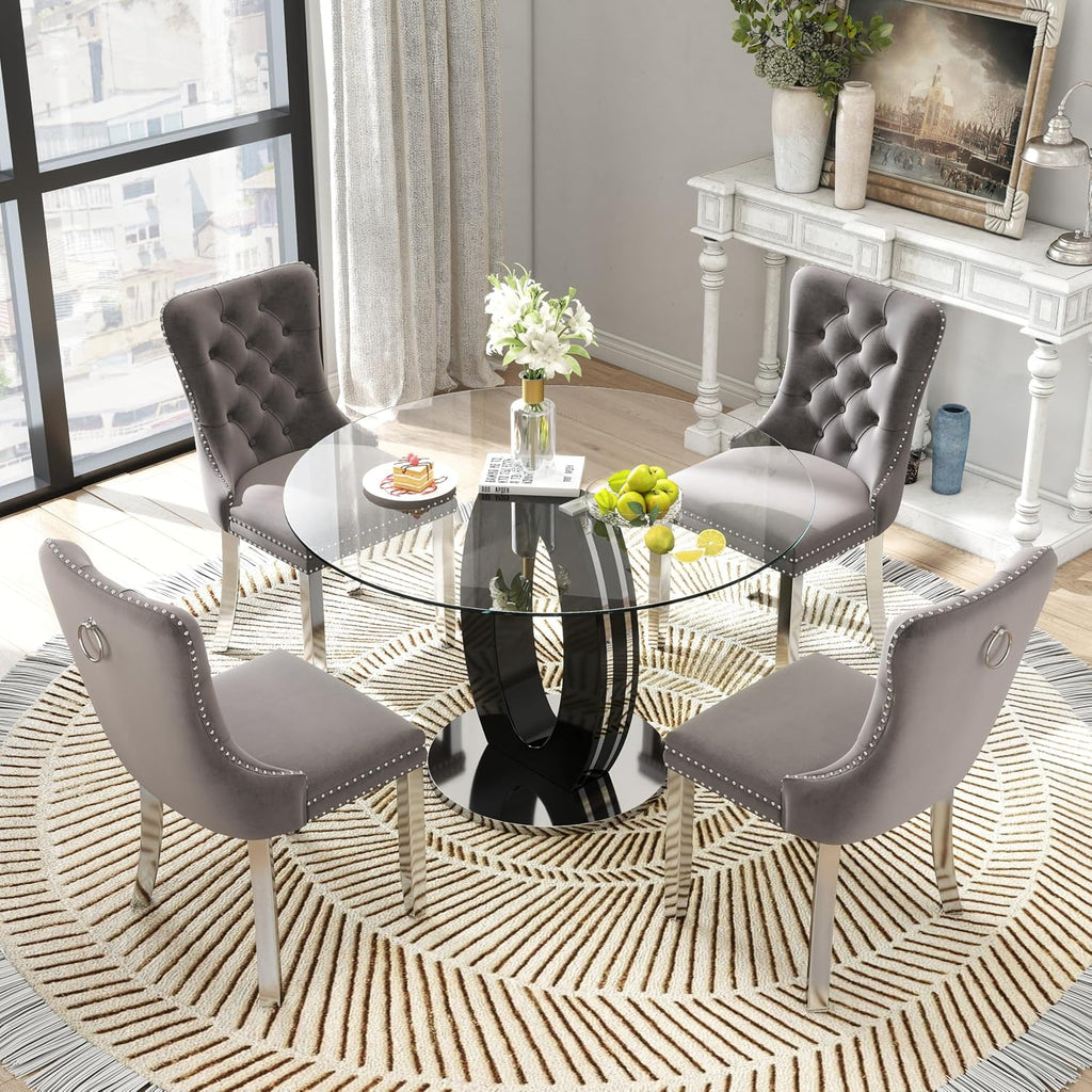 RGZ 5 PCS Luxury Clear Glass Round Dining Table Set, 39'' Modern Circle Glass Top Kitchen Table with Black Silver Legs & 4 Gray High-end Tufted Chairs for Apartment Home Dining(Silver Base)