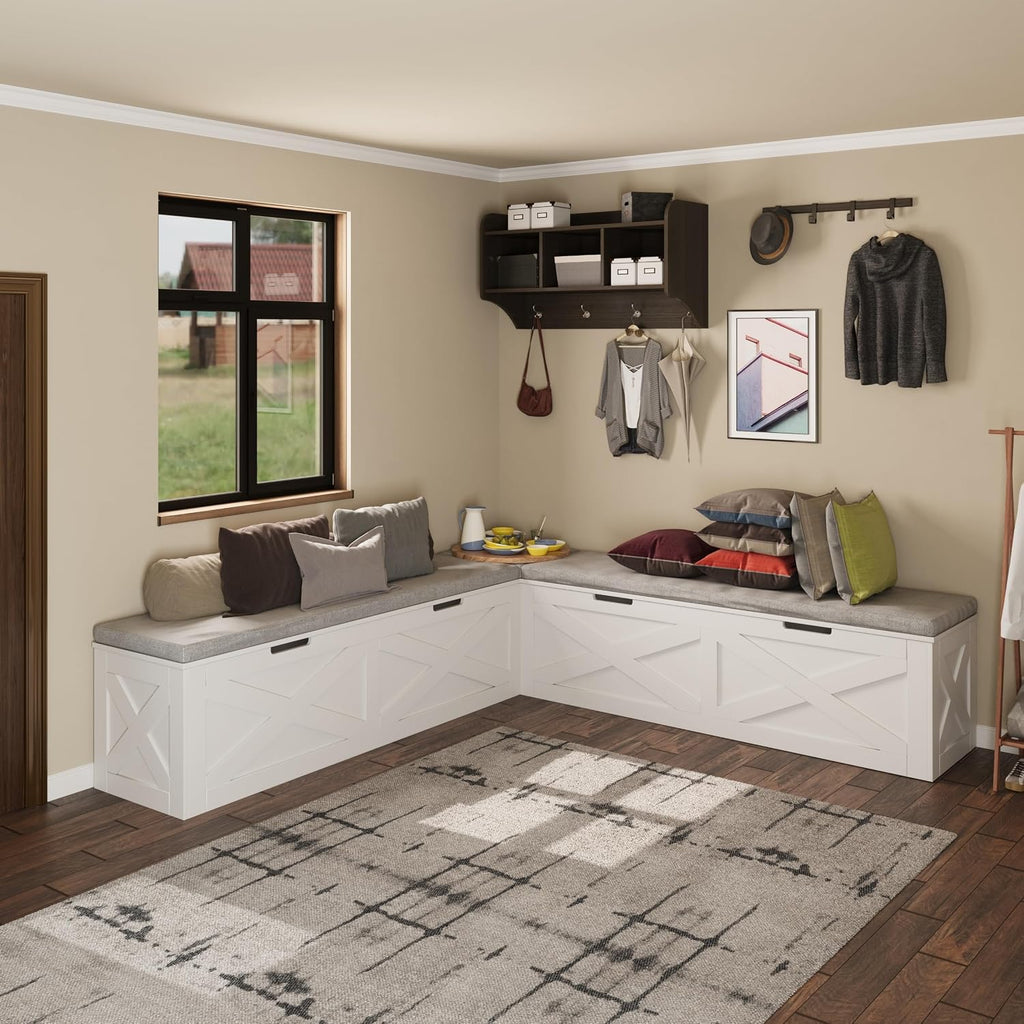 Bobve L-Shape Storage Bench with Cushion, Backless Corner Dining Bench, Kitchen Dining Nook Bench with Hidden Storage for Dining Room, Kitchen, Entryway (White+Grey)