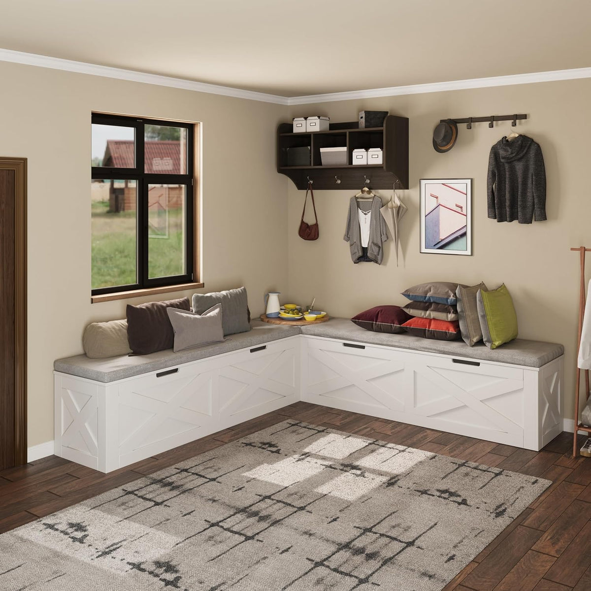 Bobve L-Shape Storage Bench with Cushion, Backless Corner Dining Bench, Kitchen Dining Nook Bench with Hidden Storage for Dining Room, Kitchen, Entryway (White+Grey)