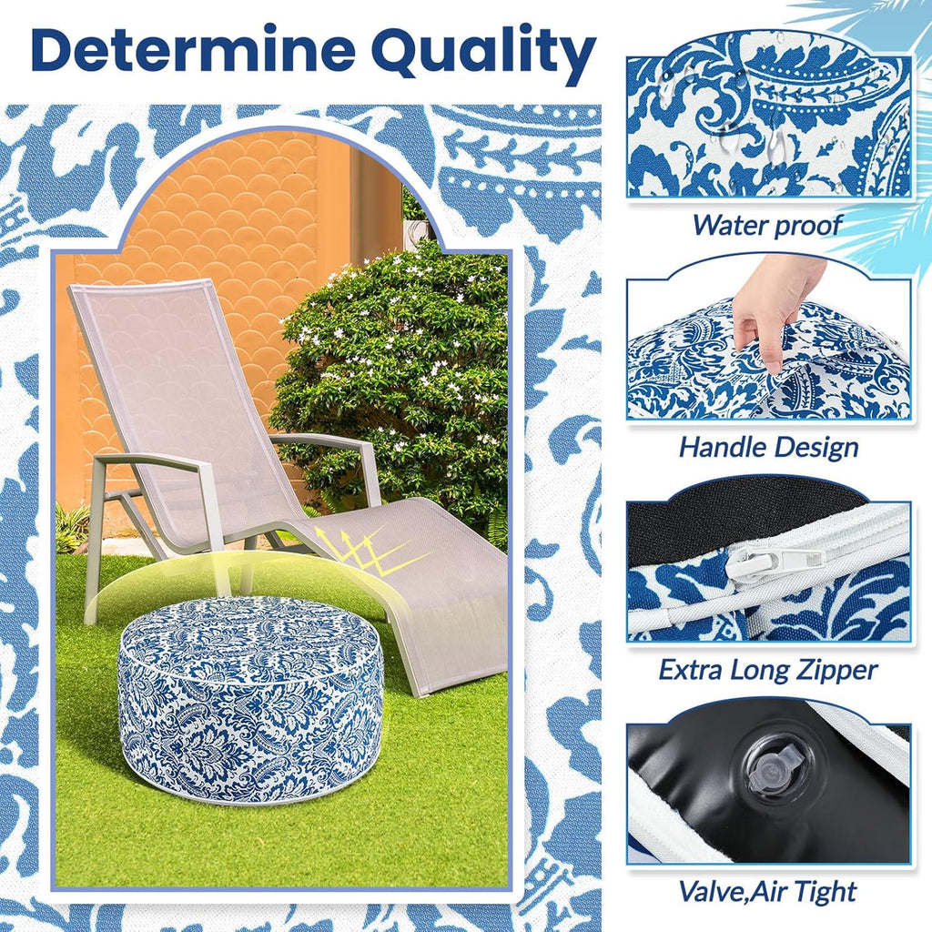 Cinnvoice 2 Pcs Inflatable Outdoor Ottoman Pouf Waterproof Round Footrest with Handle D21 x H9 Inch Indoor Outdoor Portable Footstool for Patio Garden Camping or Home Pool(Retro)
