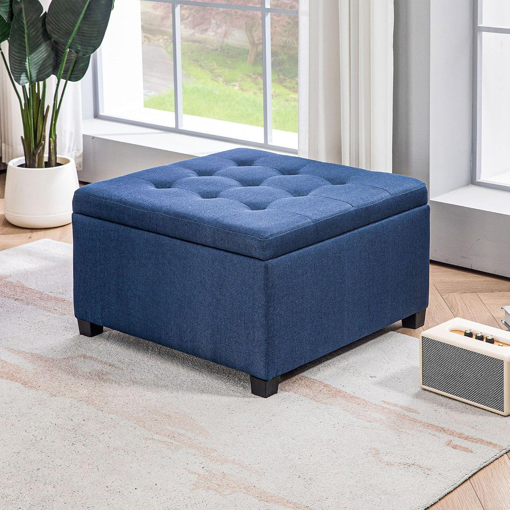 Round Storage Button Tufted Flip Top Ottoman in Elegant Blue Velvet with Comfortable Upholstery and Premium Quality Modern Style