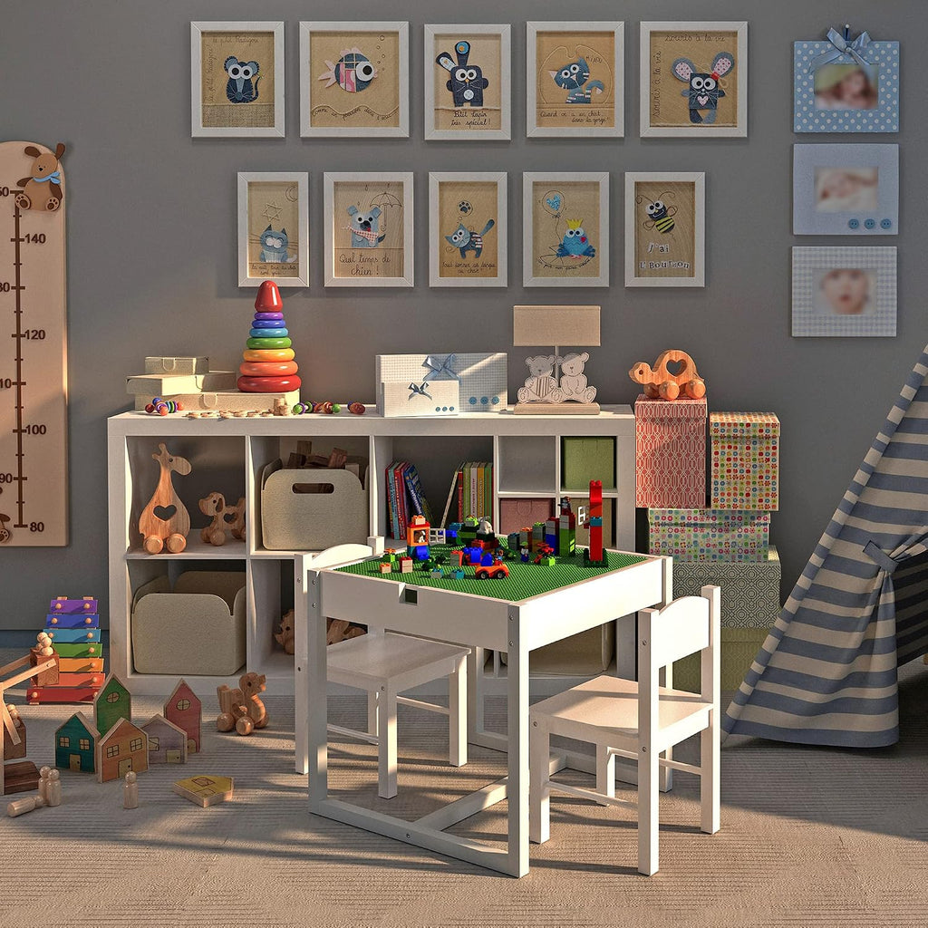 4NM 3 in 1 Kids Table Set, Children Tables and Chairs, Toddler Play Activity Table with Hidden Storage Wood Building Block Desk for Ages 3-7 - White Green