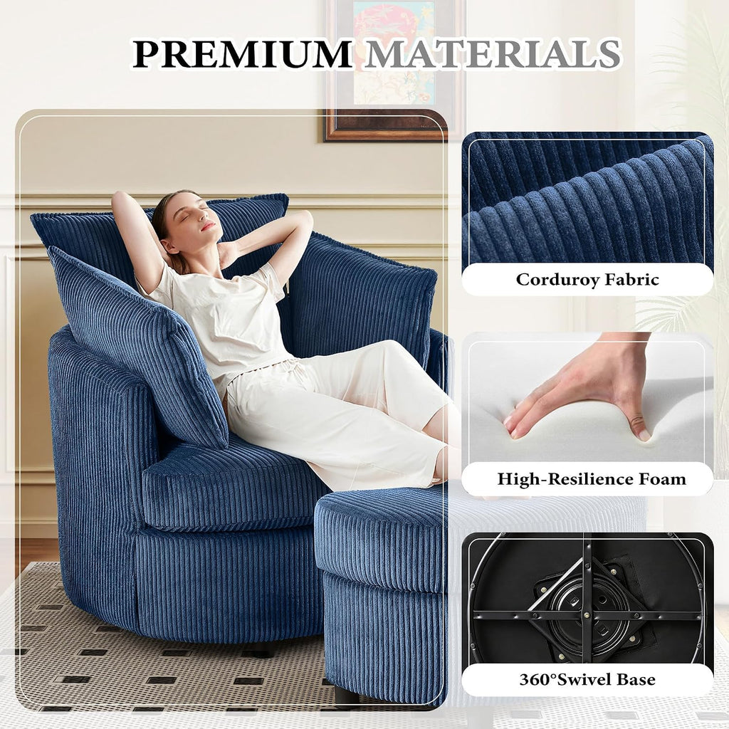 Vanity Accent Chair Swivel Living Room Chairs Curve Back Reading Chair with Armrest, Lounge Chair with Ottoman for Bedroom