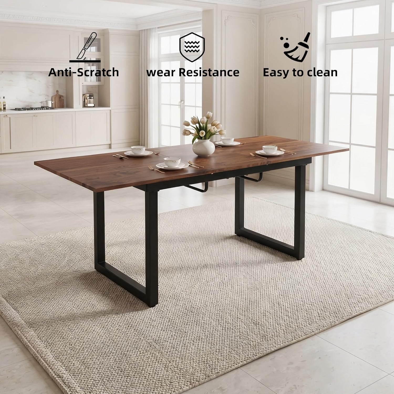 Extendable Dining Table for 4-8, 55"-71" Rectangular Kitchen Table, Modern Farmhouse Expandable Table with MDF Top, Space-Saving Wooden Table for Dining Room, Kitchen, Living Room, Office, Walnut