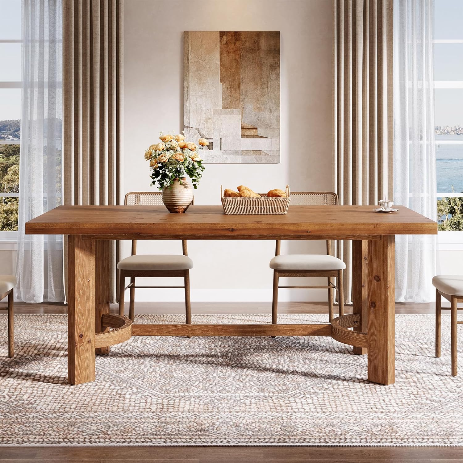 63" Solid Wood Dining Table for 4-6, Farmhouse Rectangle Kitchen Table with Thicken Tabletop and Sturdy Construction, Modern Wooden Dinner Table for Dining Room, Kitchen, Walnut