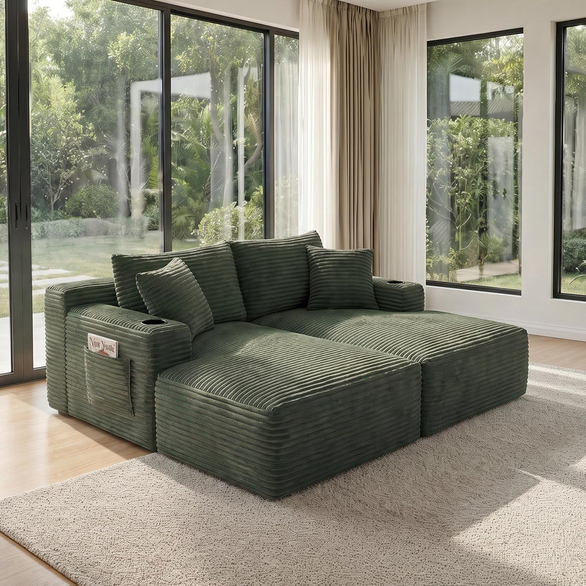 133" U-Shaped Modular Sectional Sofa, Corduroy Couch, Green | Cloud Luxury Comfort, Couches for Living Room, Storage & Cupholder, Oversized Sofa, Deep Seat, No Assembly Required