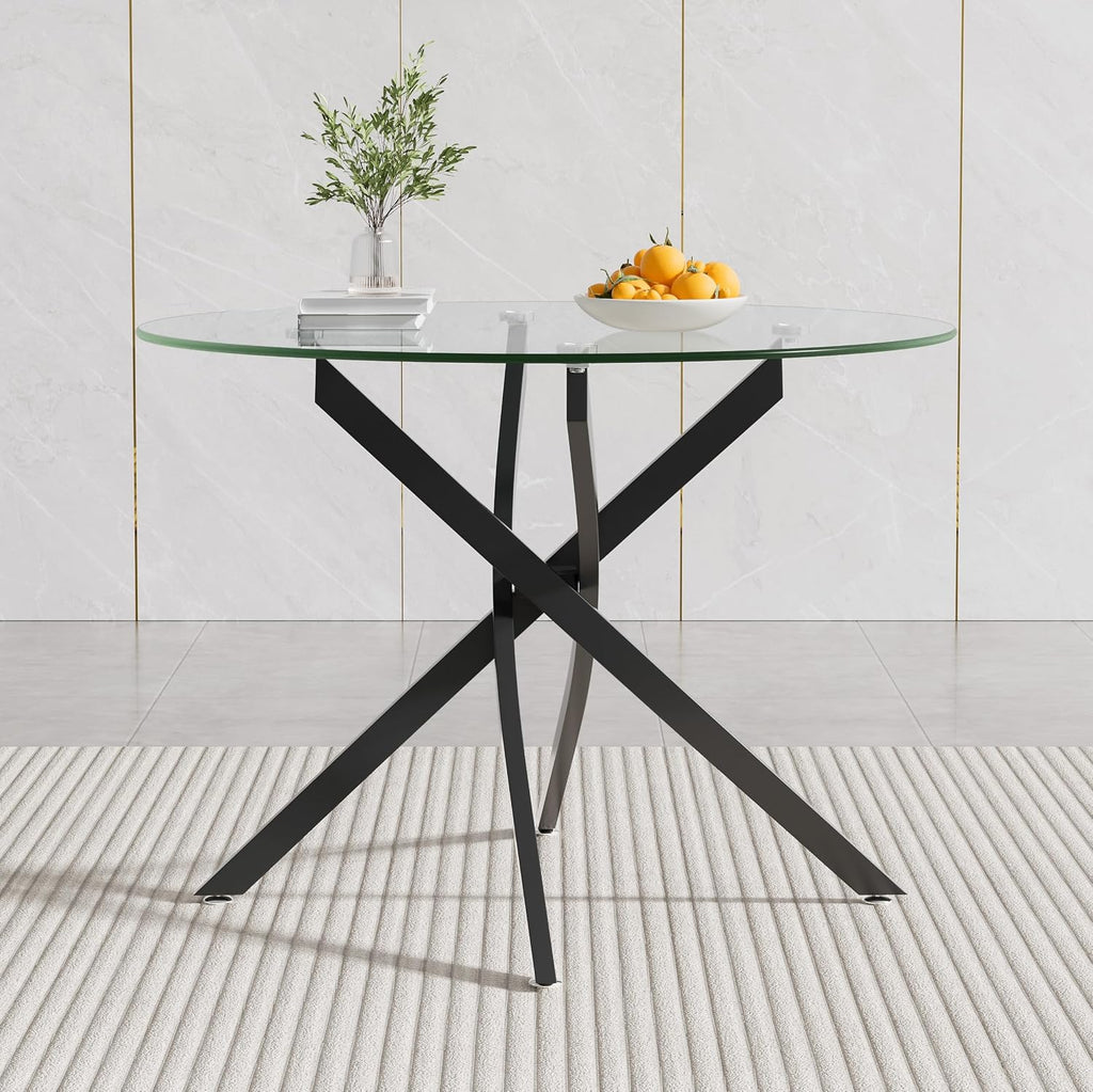 Modern Glass Dining Table Round Dining Room Table with Tempered Glass Top, Black Metal Legs Circle Kitchen Dining Room Table Home Furniture, 36" D x 36" W x 30" H