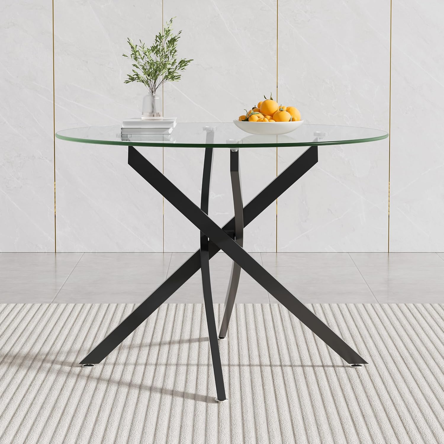 Modern Glass Dining Table Round Dining Room Table with Tempered Glass Top, Black Metal Legs Circle Kitchen Dining Room Table Home Furniture, 36" D x 36" W x 30" H