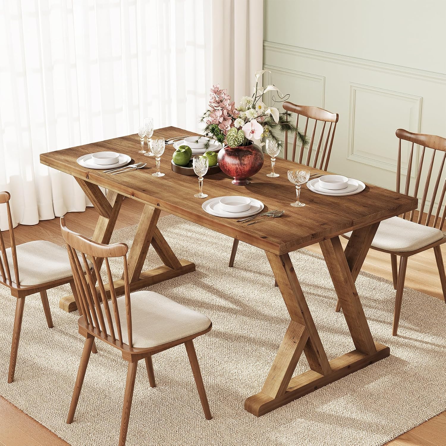 Solid Wood Dining Table for 4-6 People, 63 Inches Wooden Farmhouse Rectangular Kitchen Dinner Table with Heavy-Duty Legs for Home, Living Room, Dining Room, Rustic Brown