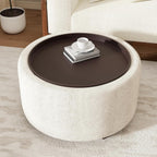 30" Round Ottoman with Storage Circular Coffee Table with Removable Wood Top and Solid Wood Legs Modern Upholstered Ottoman for Living Room Bedroom Apartments White