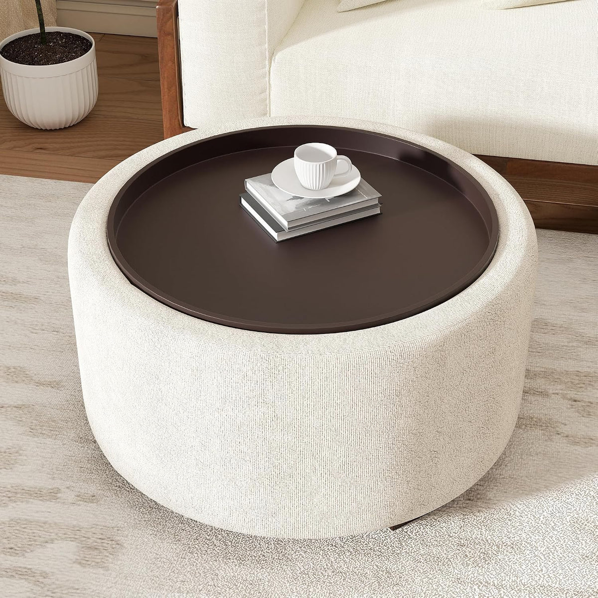 30" Round Ottoman with Storage Circular Coffee Table with Removable Wood Top and Solid Wood Legs Modern Upholstered Ottoman for Living Room Bedroom Apartments White