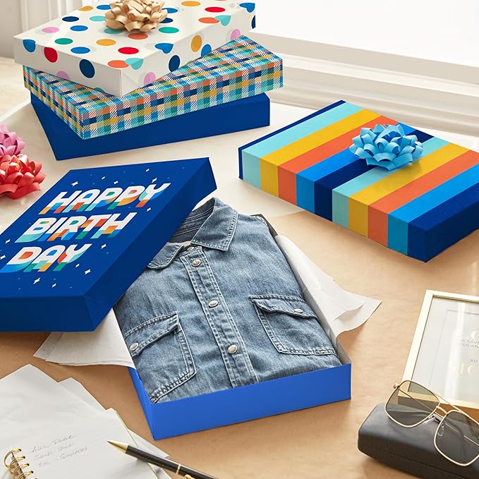 Hallmark Designed Shirt Boxes with Lids (8 Boxes: 2 Each of Orange and Blue Stripes, Plaid, Dots, Happy Birthday) for Birthdays, Father's Day, Graduations