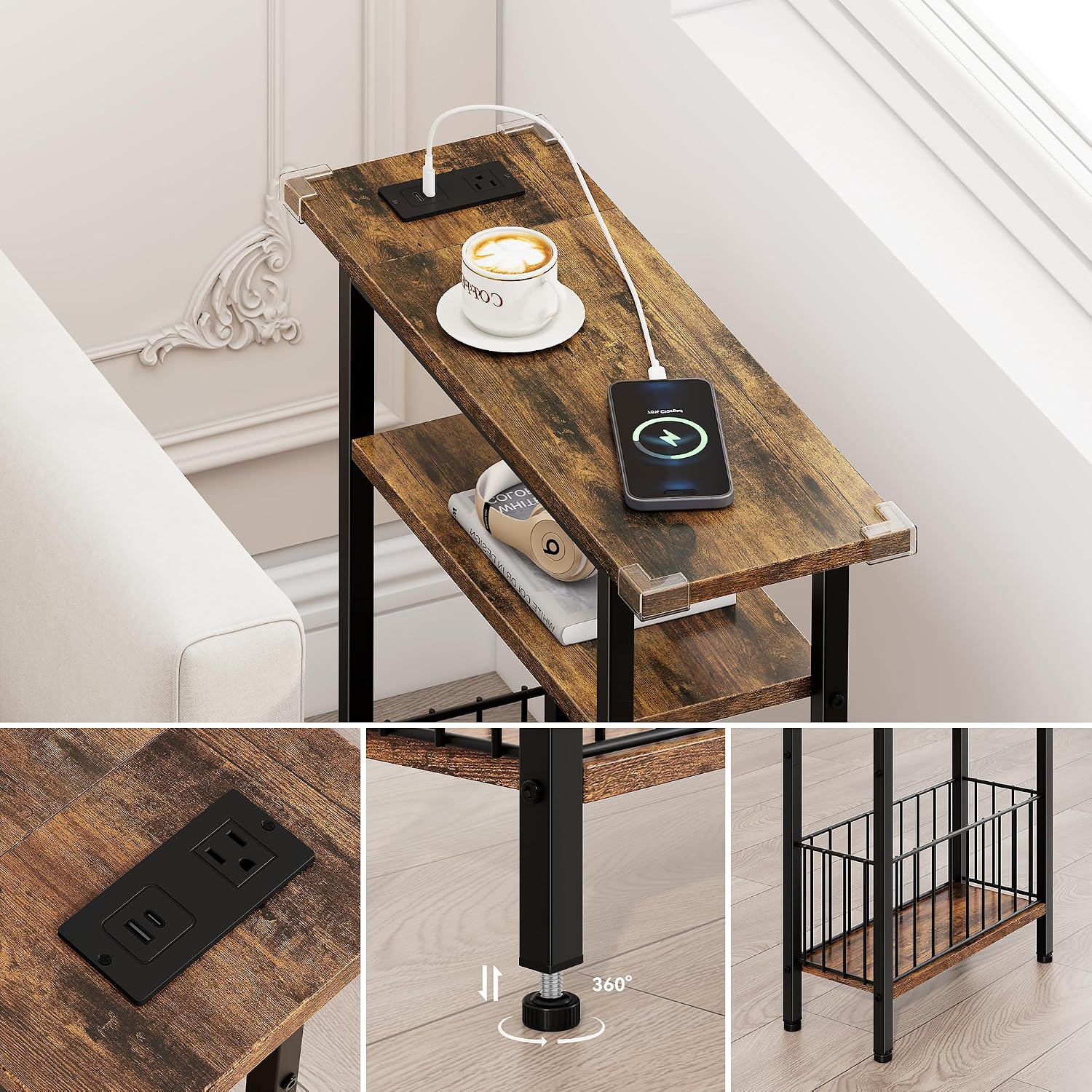 Vagusicc Narrow Side Table with Charging Station, 3-Tier Skinny Side End Table for Couch Sofa, Small End Side Tables for Small Spaces, 25.2" Tall Slim Nightstand for Living Room, Bedroom, Rustic Brown