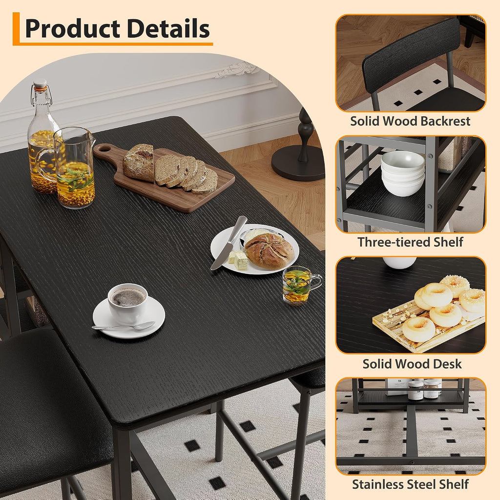 3 Piece Counter Height Dining Table Set for 2 with 3-Tier Storage Open Shelves & Upholstered PU Cushion Chairs, Space Saving Kitchen Table for Small Spaces, Apartment, Pub, Breakfast, Black