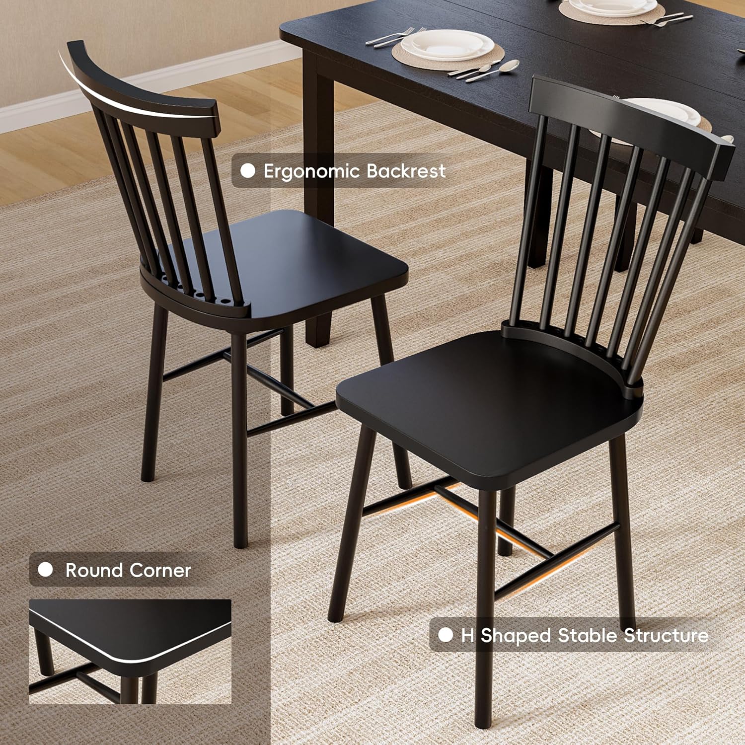JUMMICO Solid Wood 6 Piece Dining Table Set, Modern 58"/W Kitchen Table Set for 6 with 4 Windsor Chairs & 1 Bench, Kitchen & Dining Room Sets for Kitchen, Restaurant (Black)