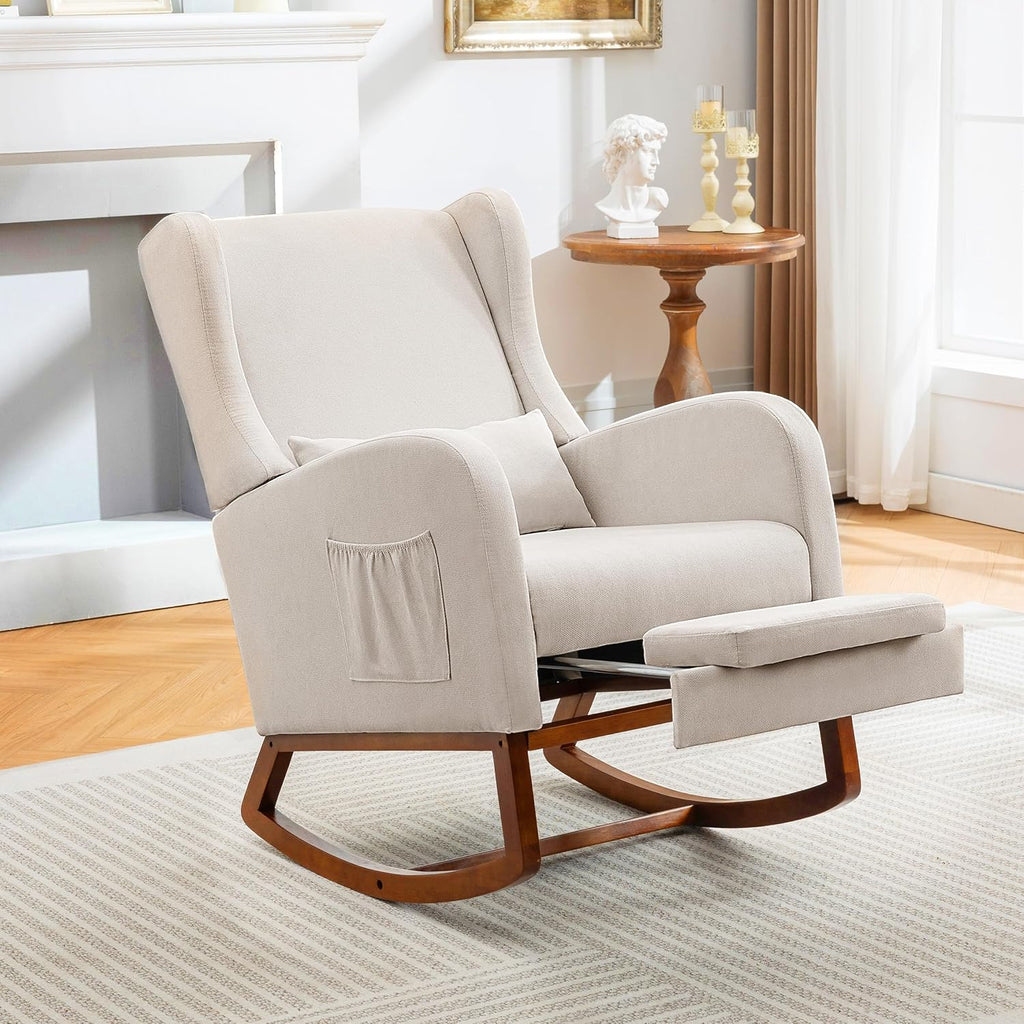 Nursery Rocking Chair, Glider Rocker Indoor with Footrest, Beige | High Back Nursing Chair with Side Pocket, Upholstered Thick Foam Glider Chair with Rubberwood Base for Living Room Bedroom
