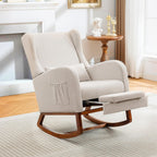 Nursery Rocking Chair, Glider Rocker Indoor with Footrest, Beige | High Back Nursing Chair with Side Pocket, Upholstered Thick Foam Glider Chair with Rubberwood Base for Living Room Bedroom