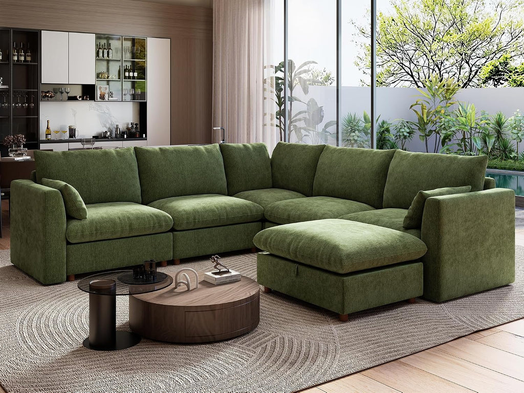 Ihanherry 111" Oversized Modular Sectional Sofa, Modern V Shaped Cloud Couch with Storage Ottoman, 6-Seat Comfy Chenille Deep Seat Sofa with 2 Pillows for Living Room, Green