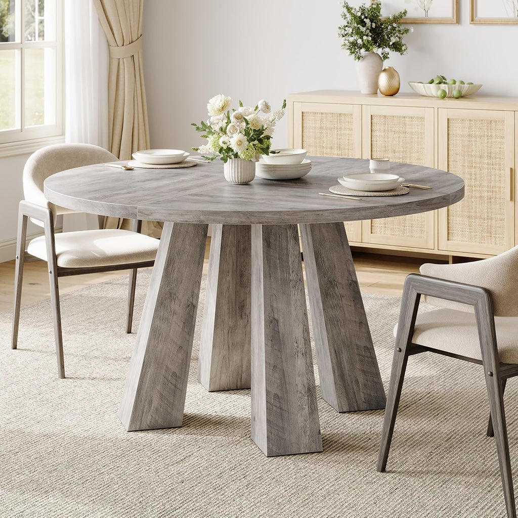 IDEALHOUSE 47" Round Dining Table for 4-6, Wood Kitchen Table with Sturdy Base, Farmhouse Circle Dinner Table for Dining Room, Living Room, 4 Strong Legs, Grey