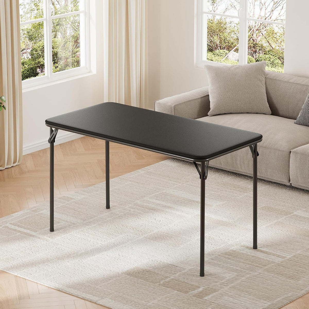 IDEALHOUSE 4 Feet Folding Table, Protable Foldable Card Table, Black | Metal Legs Support, Upholstered PU Leather Tabletop, Heavy Duty, No Assembly Required, Perfet for Indoor and Outdoor