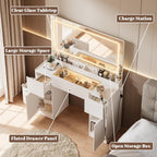 INNOD 44" Vanity Desk with Large Mirror and Lights, Modern Glass Top Makeup Vanity Set with Power Outlet, 3 Drawers and 2 Cabinet, 3 Lighting Color Adjustable Dressing Table for Bedroom,Pure White