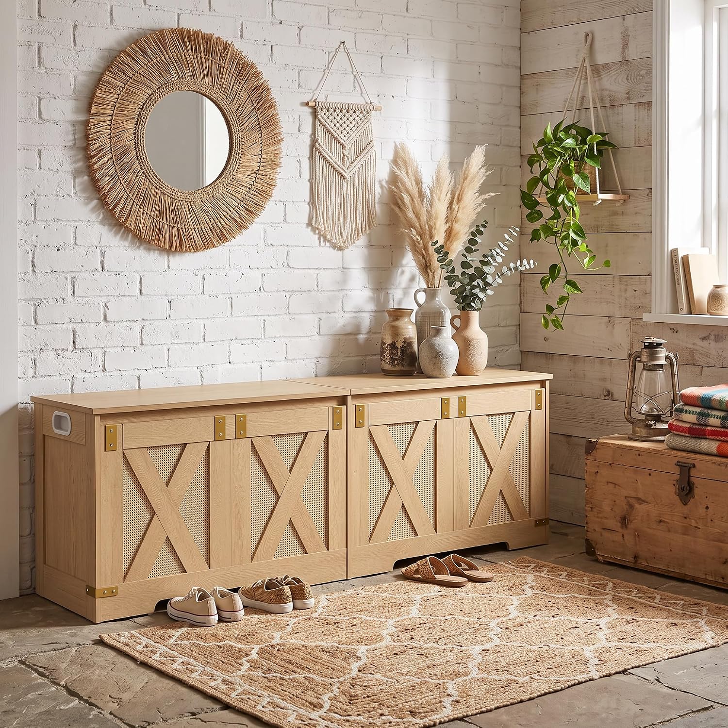 Hzuaneri 59" Boho Storage Chest and Bench | 70 Gal | 330lb Seat | Soft-Close Hinges | Camel Yellow | Shoe and Blanket Storage for Bedroom, Living Room, Entryway | Easy Assembly | SB15002Y