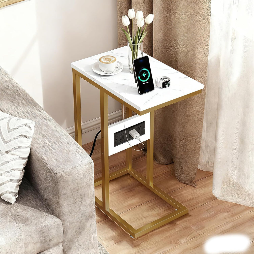 VECELO C-Shaped End Side Table Set of 2, with Charging Station & Two USB Ports and Outlets for Living Room, Bedroom, with Adjustable Feet for Couch/Sofa, Bedside, Small Spaces， Gold
