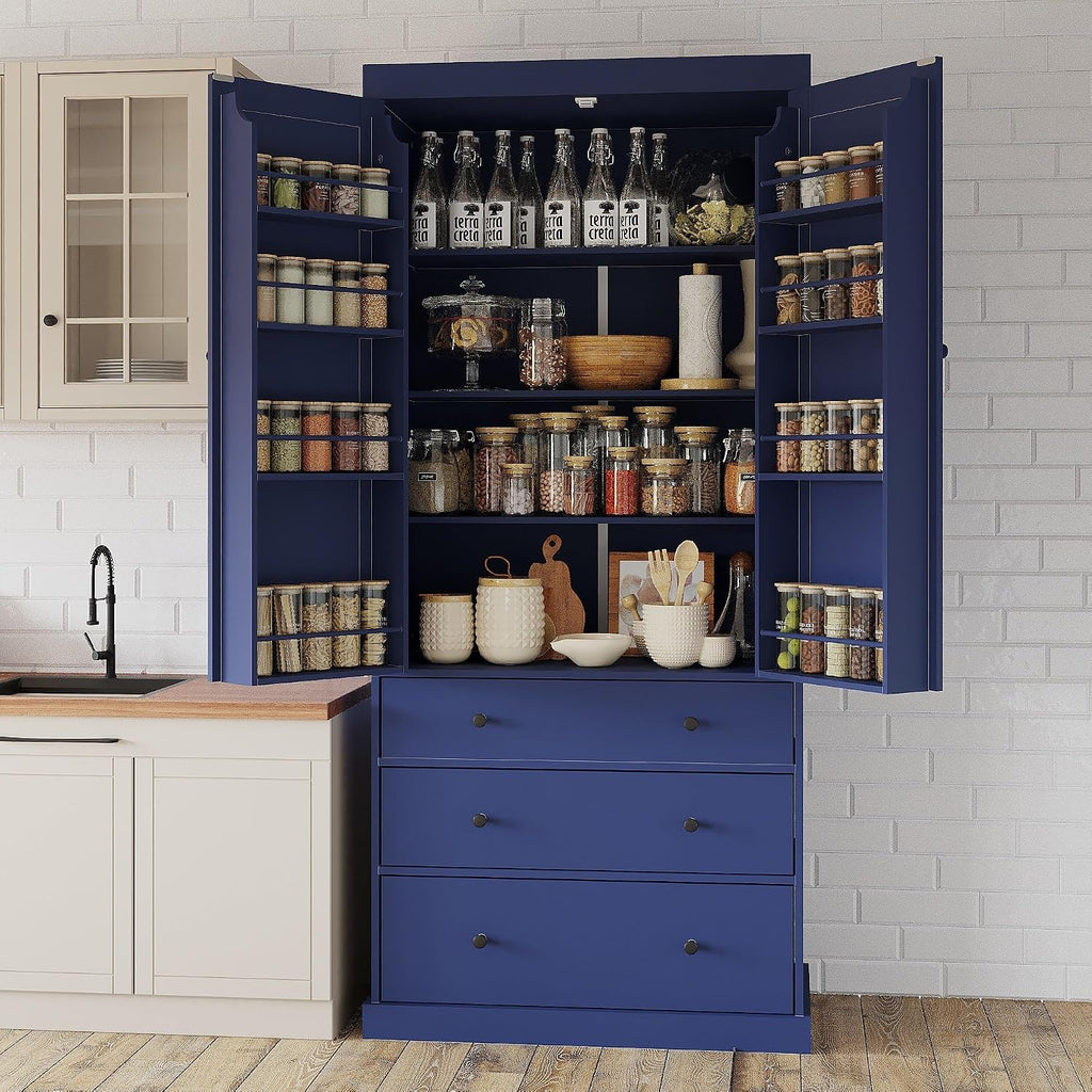 77" Tall Farmhouse Kitchen Pantry Cabinet, Freestanding Food Storage Cupboard with 3 Adjustable Shelves, 8 Door Shelves & 3 Drawers for Kitchen & Dining Room, Blue