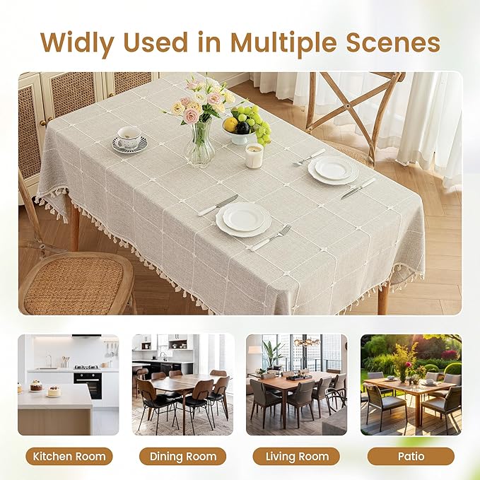 puredown® Plaid Square Tablecloth, Waterproof Cotton Linen Tablecloth with Tassel, Rustic Farmhouse Table Cloths for Kitchen Dining Outdoor, 55"x55",4 Seats, Coffee