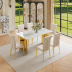 71" Dining Table Set for 6, White Faux Marble Dining Room Table Set for 6 with PU Leather Chairs and Gold Metal Legs, Easy Clean Kitchen Dining Set