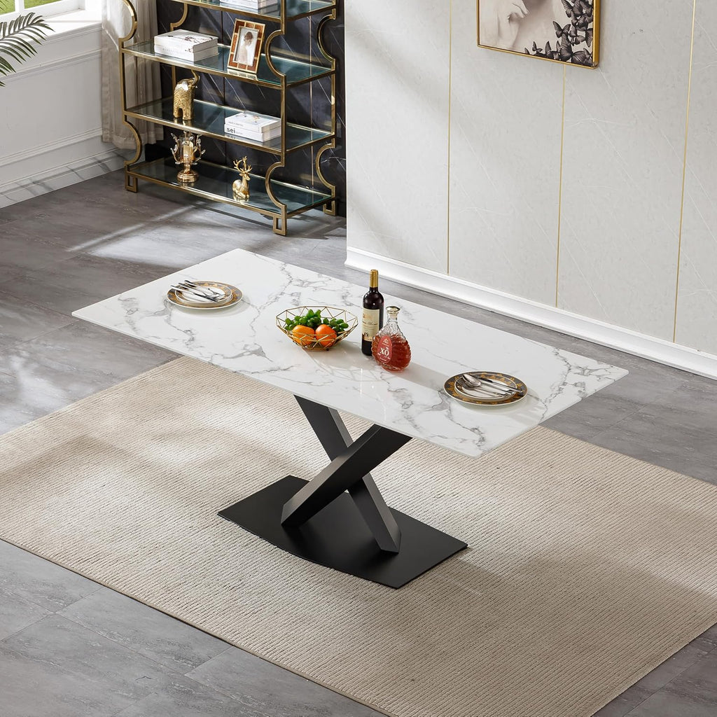 70in Faux Marble Dining Table for 6-8 Person, Modern White Kitchen Dining Room Table with Black X-Shape Carton Steel Pedestal Base, Large Rectangle Dinner Table for Kitchen Dining Room