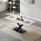 70in Faux Marble Dining Table for 6-8 Person, Modern White Kitchen Dining Room Table with Black X-Shape Carton Steel Pedestal Base, Large Rectangle Dinner Table for Kitchen Dining Room