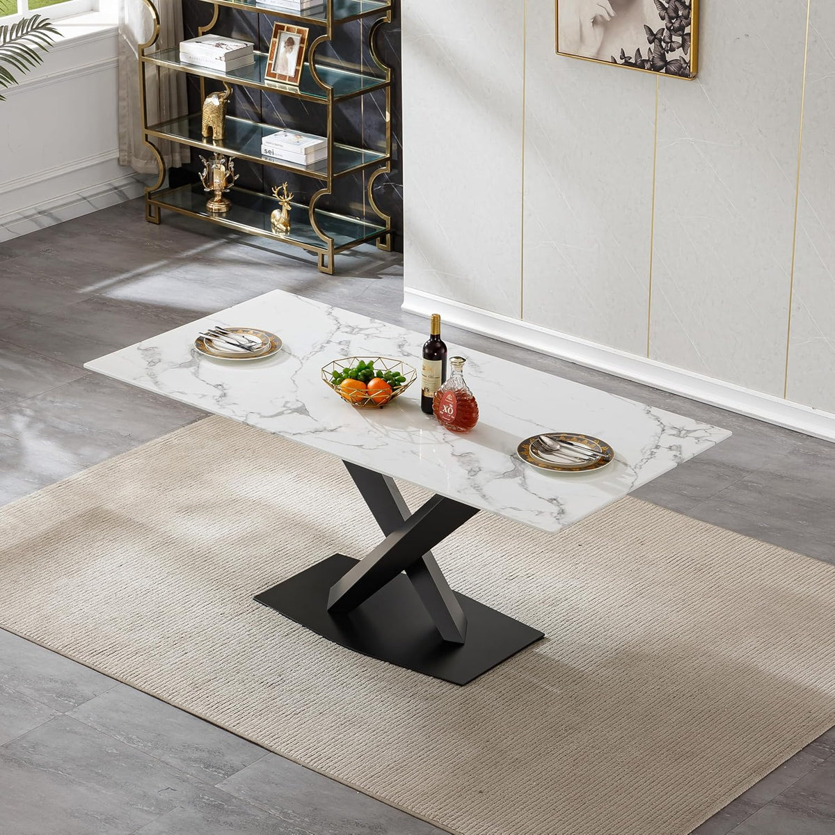 70in Faux Marble Dining Table for 6-8 Person, Modern White Kitchen Dining Room Table with Black X-Shape Carton Steel Pedestal Base, Large Rectangle Dinner Table for Kitchen Dining Room