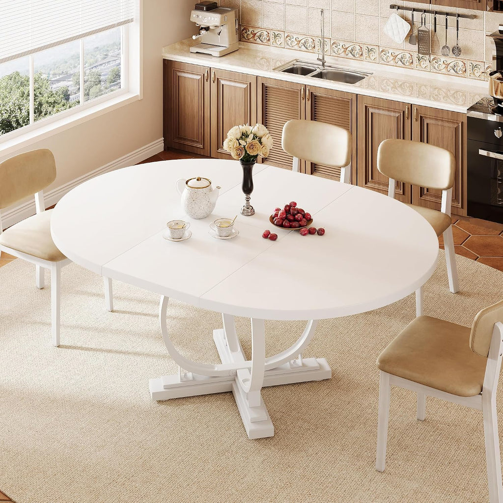iPormis 59'' Extendable Round Dining Table for 4 to 6, Kitchen Table with Sturdy X-Base Metal Legs, MDF Board with Backboard Clasp, Space Saving, Easy Assembly, Kitchen, Dining Room, White