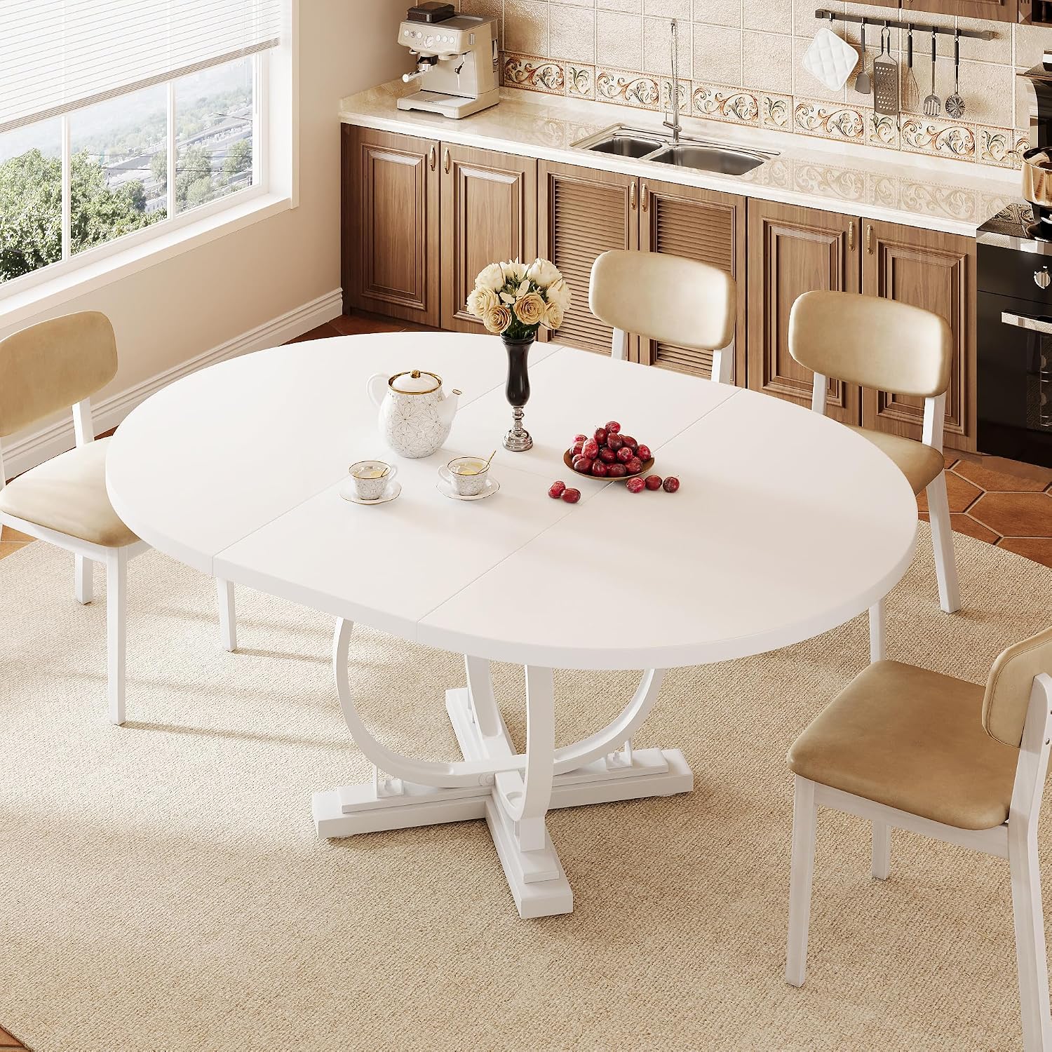 iPormis 59'' Extendable Round Dining Table for 4 to 6, Kitchen Table with Sturdy X-Base Metal Legs, MDF Board with Backboard Clasp, Space Saving, Easy Assembly, Kitchen, Dining Room, White