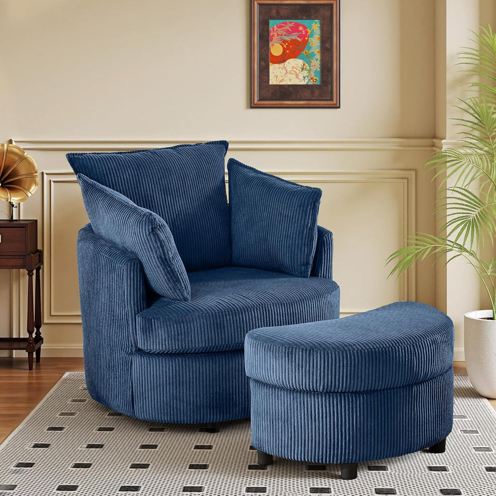 Vanity Accent Chair Swivel Living Room Chairs Curve Back Reading Chair with Armrest, Lounge Chair with Ottoman for Bedroom