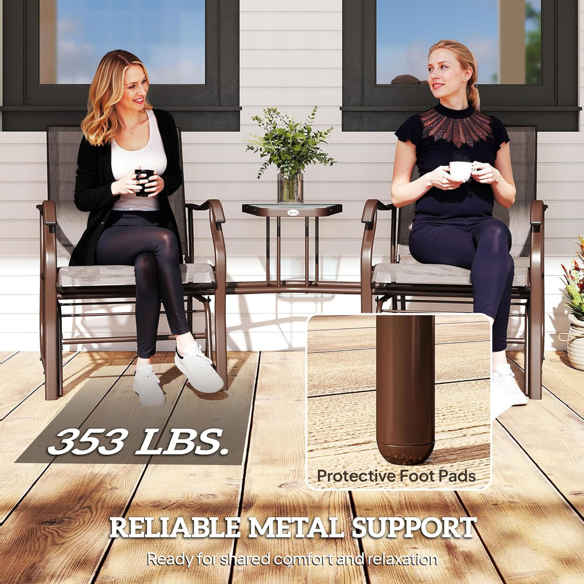 Outsunny Outdoor Glider Chair with Table 2-Seat Patio Loveseat Coffee Brown | Rocking Chair Swing Love Seat, Breathable Sling, Backyard Garden Porch
