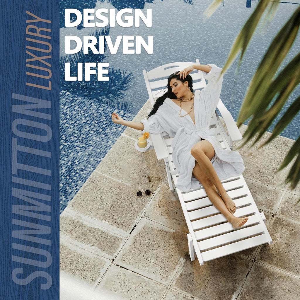 Patio Chaise Lounge Chair Set of 2, HDPE Outdoor Lounge Chairs with 5-Position Adjustable Backrest, Cup Holder and Wheels, 450lbs Capacity for Poolside Deck Backyard, All Weather Material(White)