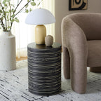 SAFAVIEH Home Collection - Bahan Round Pedestal End Table, Black Modern Stripe Accent Side Table, Fully Assembled (ACC2311A)