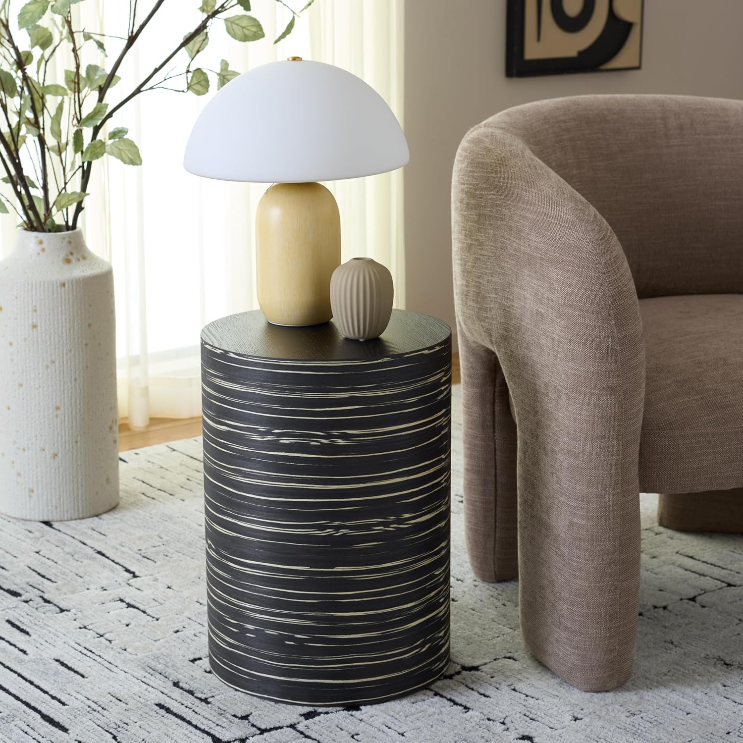 SAFAVIEH Home Collection - Bahan Round Pedestal End Table, Black Modern Stripe Accent Side Table, Fully Assembled (ACC2311A)