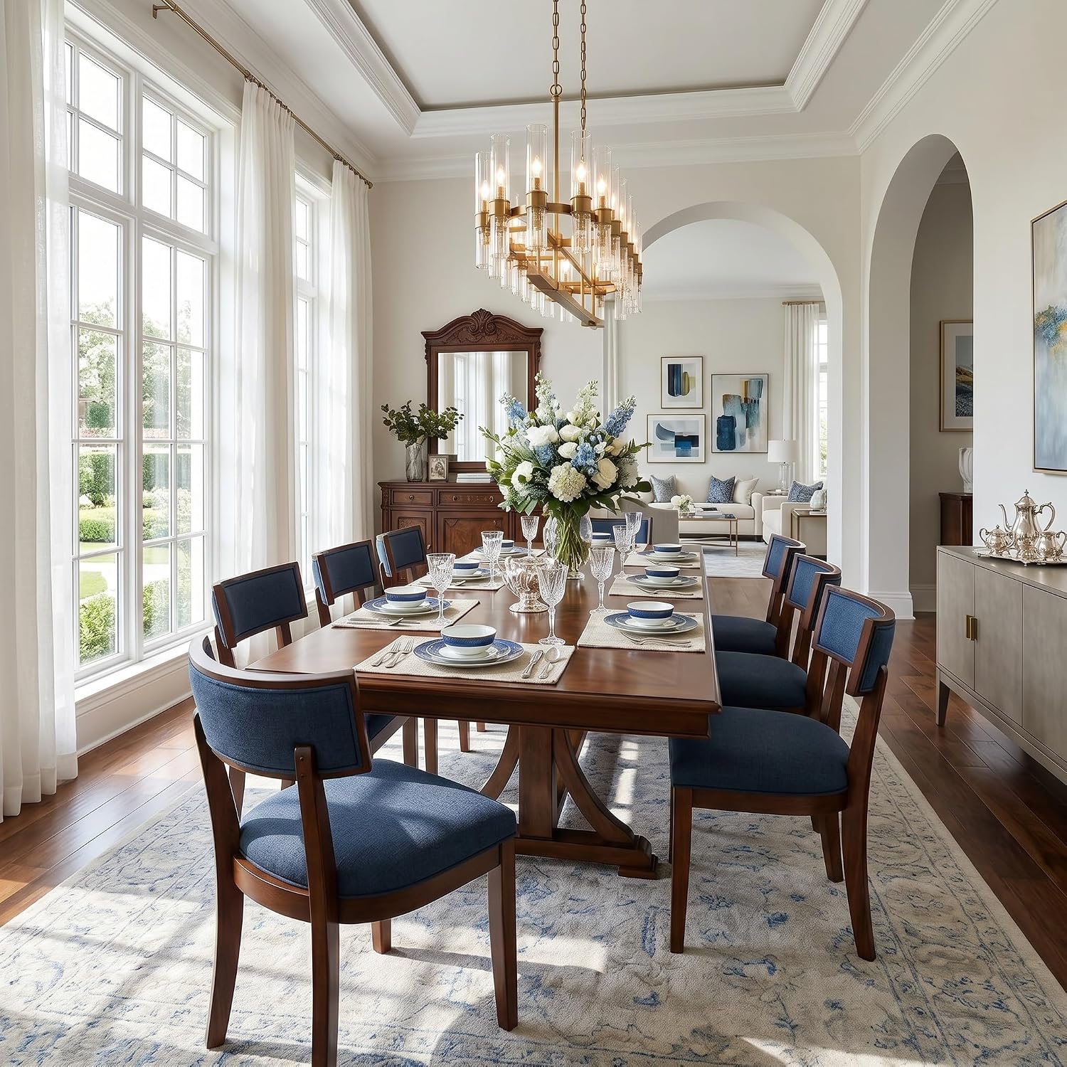 Blue Dining Chairs Set of 6, Upholstered Linen Fabric Dining Room Chairs with Curved Backrest, Armless Solid Wood Farmhouse Kitchen Side Chairs for Dining/Living Room, Blue