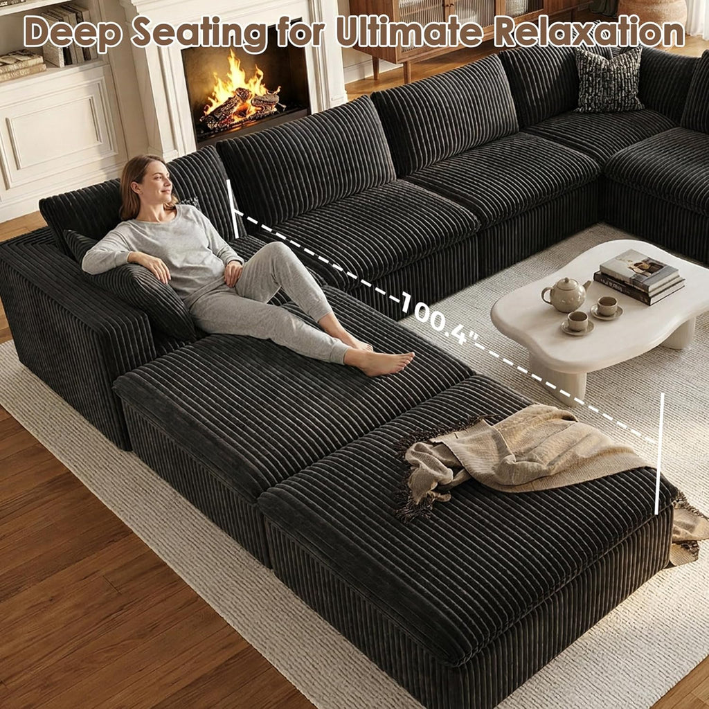 157.6" Cloud Couch Oversized Modular Sectional Sofa, U-Shaped 8 Seater Deep Seat Couch with Ottoman, Soft Corduroy Upholstery, DIY Combination for Living Room, No Assembly Required, Black