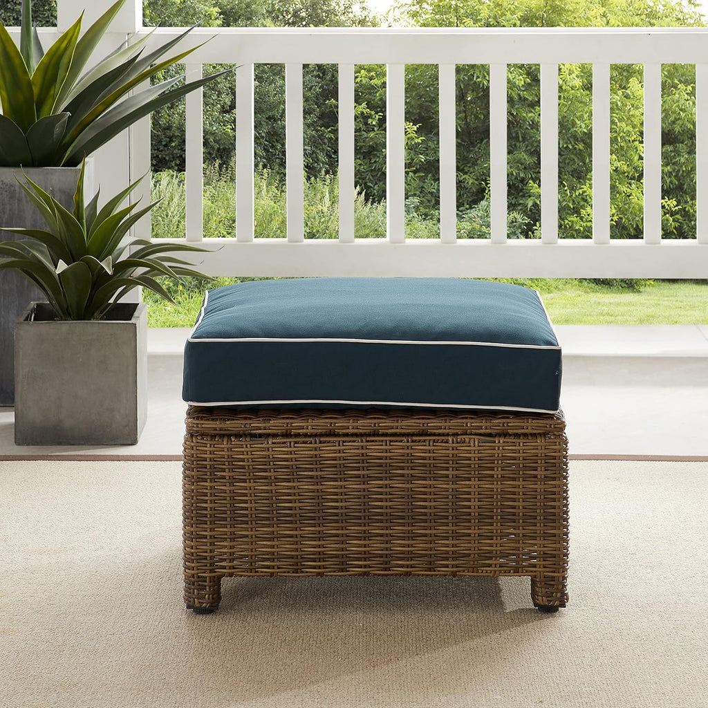 Crosley Furniture Bradenton Wicker Outdoor Ottoman Foot Rest for Patio, Deck, Porch, Brown with Navy Cushions