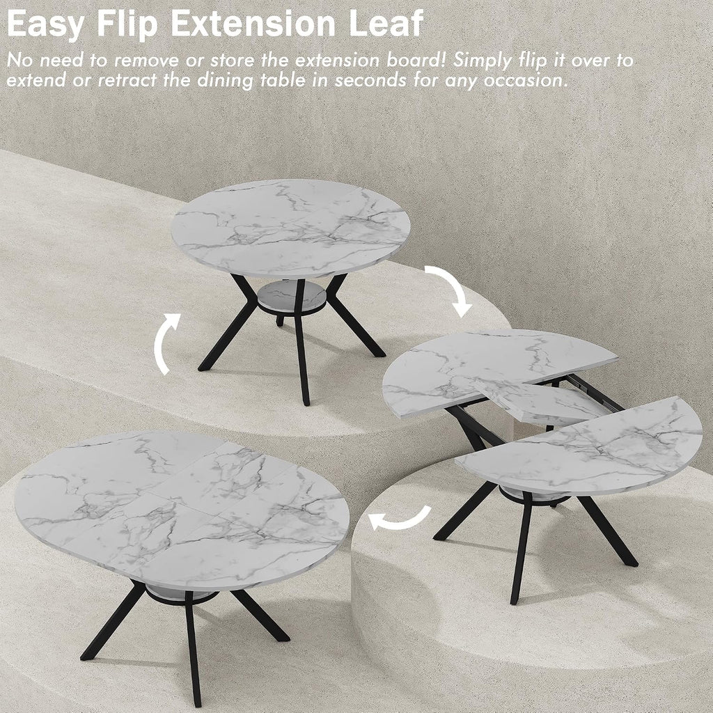 42"-58" Round Extendable Dining Table for 4-6, Kitchen Oval Table with Hidden Leaves & Storage Shelf, Space Saving Modern Design with Sturdy Metal Legs for Kitchen, Dining Room & Small Apartments